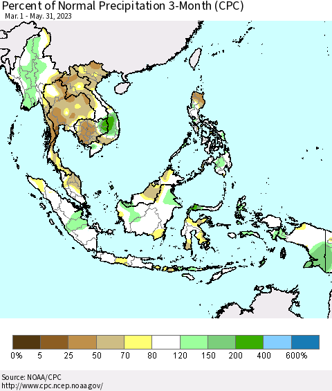 South East Asia Percent of Normal Precipitation 3-Month (CPC) Thematic Map For 3/1/2023 - 5/31/2023