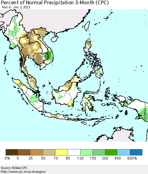 South East Asia Percent of Normal Precipitation 3-Month (CPC) Thematic Map For 3/6/2023 - 6/5/2023