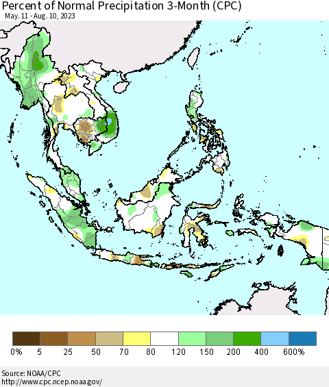 South East Asia Percent of Normal Precipitation 3-Month (CPC) Thematic Map For 5/11/2023 - 8/10/2023