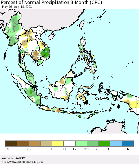 South East Asia Percent of Normal Precipitation 3-Month (CPC) Thematic Map For 5/16/2023 - 8/15/2023