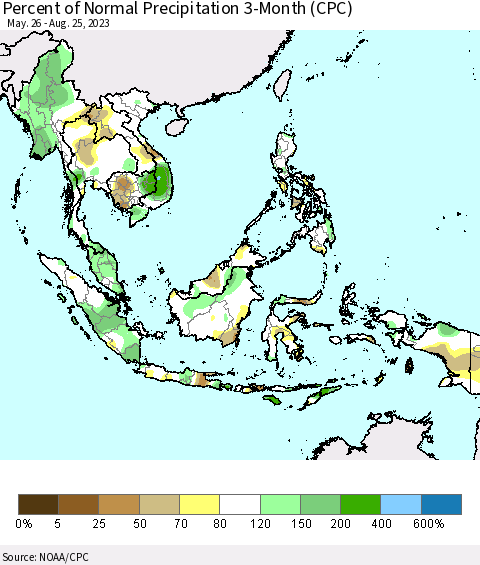 South East Asia Percent of Normal Precipitation 3-Month (CPC) Thematic Map For 5/26/2023 - 8/25/2023