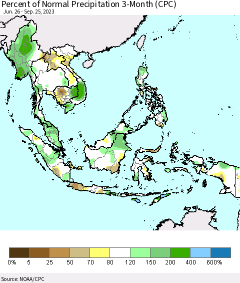 South East Asia Percent of Normal Precipitation 3-Month (CPC) Thematic Map For 6/26/2023 - 9/25/2023