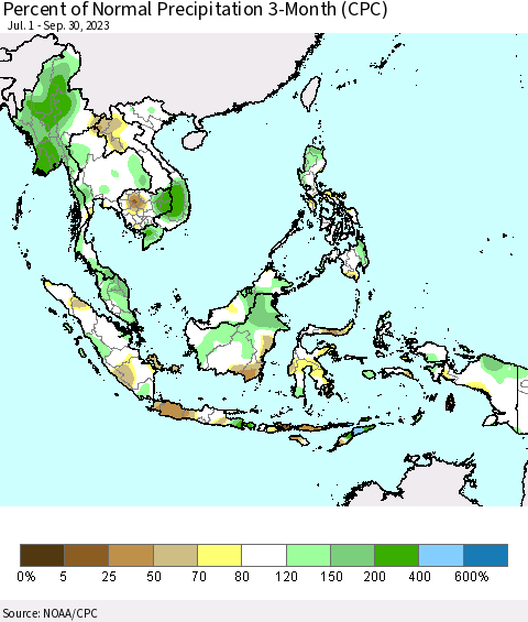 South East Asia Percent of Normal Precipitation 3-Month (CPC) Thematic Map For 7/1/2023 - 9/30/2023