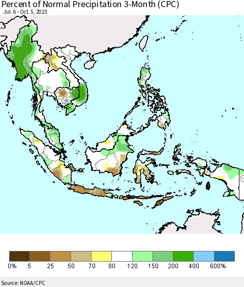 South East Asia Percent of Normal Precipitation 3-Month (CPC) Thematic Map For 7/6/2023 - 10/5/2023