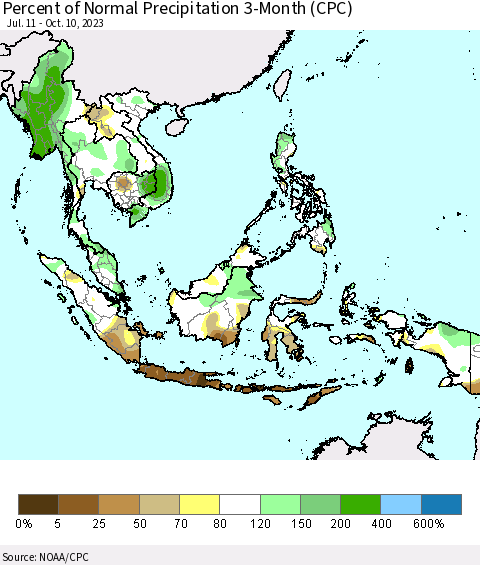 South East Asia Percent of Normal Precipitation 3-Month (CPC) Thematic Map For 7/11/2023 - 10/10/2023