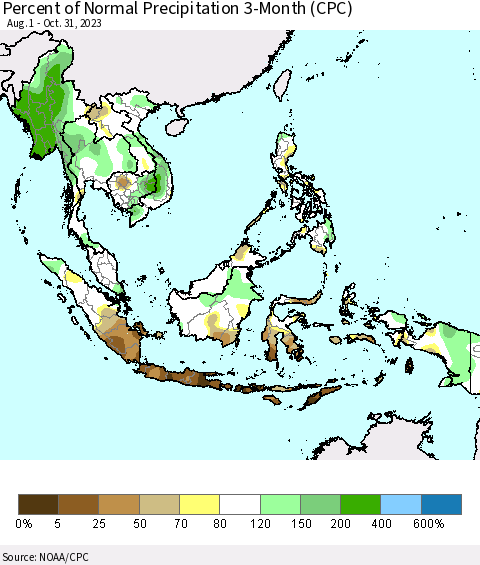 South East Asia Percent of Normal Precipitation 3-Month (CPC) Thematic Map For 8/1/2023 - 10/31/2023