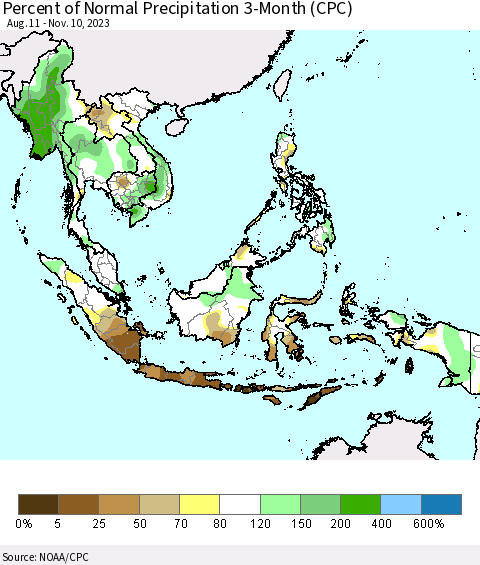 South East Asia Percent of Normal Precipitation 3-Month (CPC) Thematic Map For 8/11/2023 - 11/10/2023