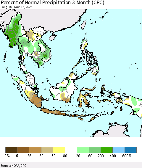 South East Asia Percent of Normal Precipitation 3-Month (CPC) Thematic Map For 8/16/2023 - 11/15/2023