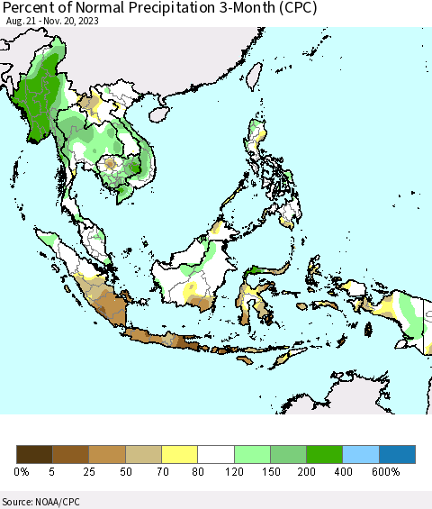 South East Asia Percent of Normal Precipitation 3-Month (CPC) Thematic Map For 8/21/2023 - 11/20/2023