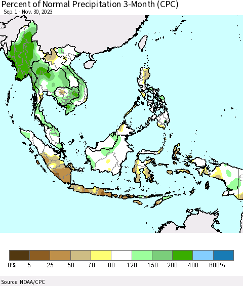 South East Asia Percent of Normal Precipitation 3-Month (CPC) Thematic Map For 9/1/2023 - 11/30/2023