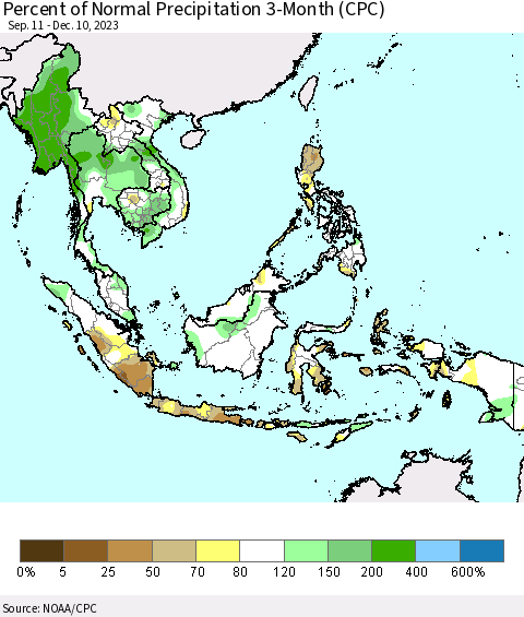 South East Asia Percent of Normal Precipitation 3-Month (CPC) Thematic Map For 9/11/2023 - 12/10/2023