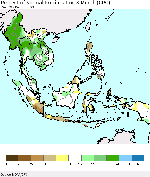 South East Asia Percent of Normal Precipitation 3-Month (CPC) Thematic Map For 9/26/2023 - 12/25/2023