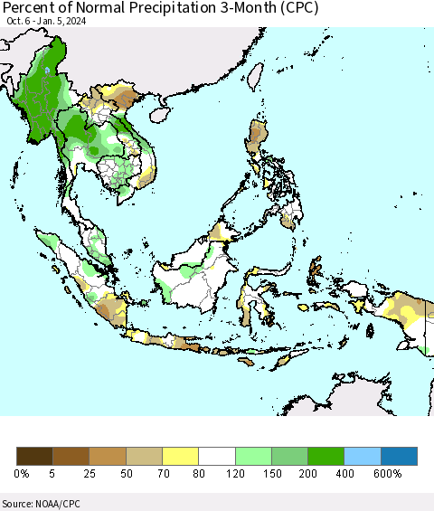 South East Asia Percent of Normal Precipitation 3-Month (CPC) Thematic Map For 10/6/2023 - 1/5/2024