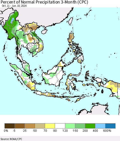 South East Asia Percent of Normal Precipitation 3-Month (CPC) Thematic Map For 10/11/2023 - 1/10/2024