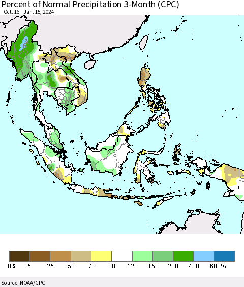South East Asia Percent of Normal Precipitation 3-Month (CPC) Thematic Map For 10/16/2023 - 1/15/2024