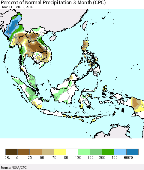 South East Asia Percent of Normal Precipitation 3-Month (CPC) Thematic Map For 11/11/2023 - 2/10/2024