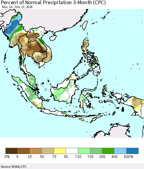 South East Asia Percent of Normal Precipitation 3-Month (CPC) Thematic Map For 11/16/2023 - 2/15/2024