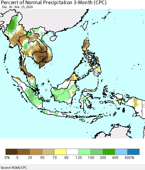 South East Asia Percent of Normal Precipitation 3-Month (CPC) Thematic Map For 12/26/2023 - 3/25/2024