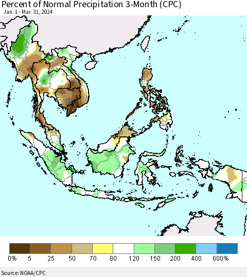 South East Asia Percent of Normal Precipitation 3-Month (CPC) Thematic Map For 1/1/2024 - 3/31/2024
