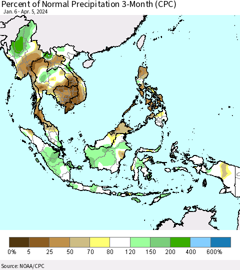 South East Asia Percent of Normal Precipitation 3-Month (CPC) Thematic Map For 1/6/2024 - 4/5/2024