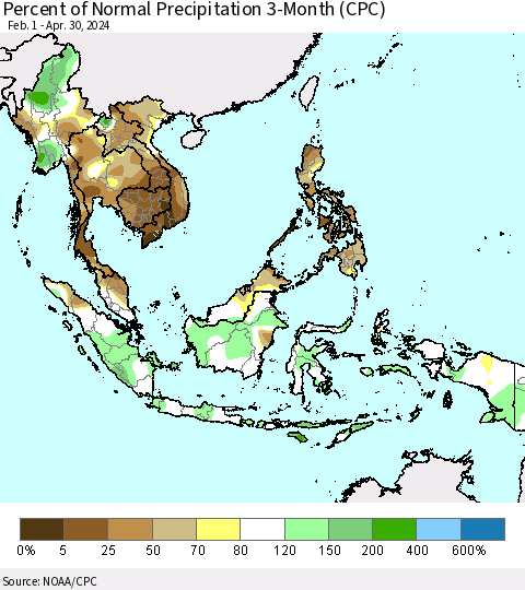 South East Asia Percent of Normal Precipitation 3-Month (CPC) Thematic Map For 2/1/2024 - 4/30/2024
