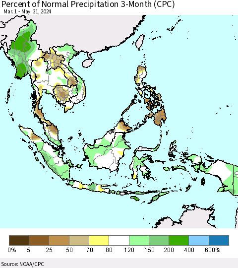 South East Asia Percent of Normal Precipitation 3-Month (CPC) Thematic Map For 3/1/2024 - 5/31/2024