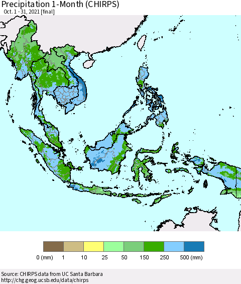 South East Asia Precipitation 1-Month (CHIRPS) Thematic Map For 10/1/2021 - 10/31/2021