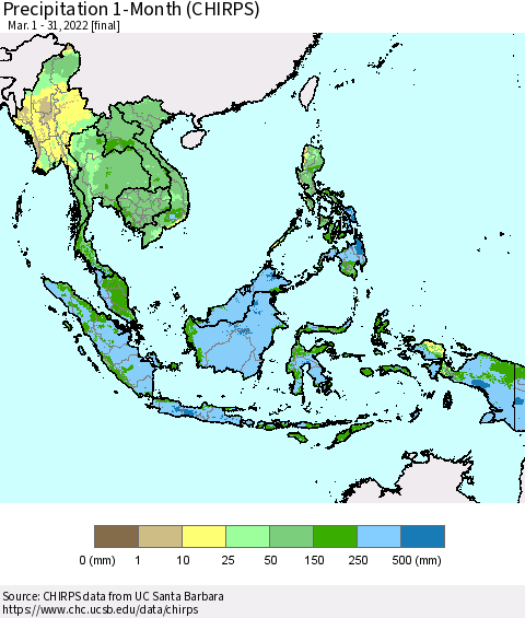 South East Asia Precipitation 1-Month (CHIRPS) Thematic Map For 3/1/2022 - 3/31/2022