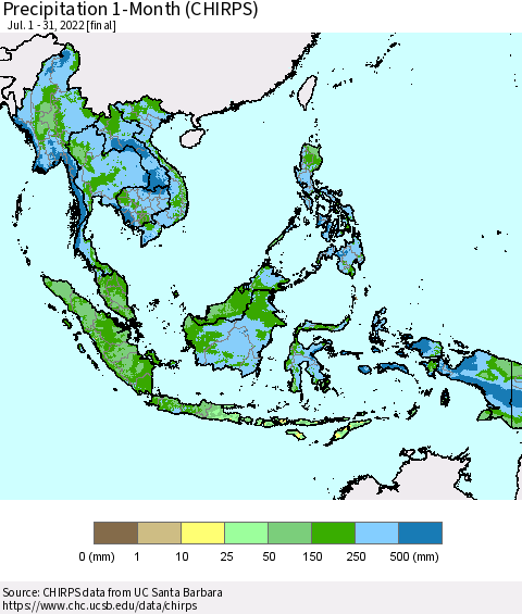 South East Asia Precipitation 1-Month (CHIRPS) Thematic Map For 7/1/2022 - 7/31/2022