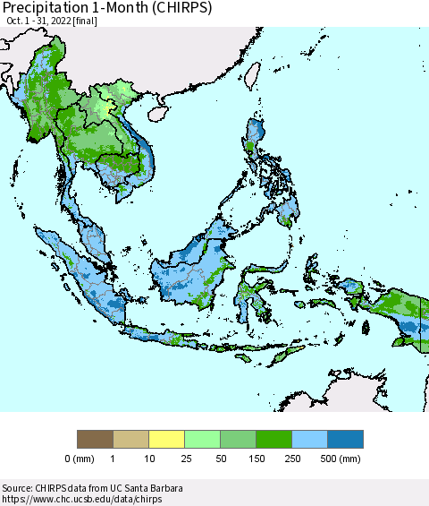 South East Asia Precipitation 1-Month (CHIRPS) Thematic Map For 10/1/2022 - 10/31/2022