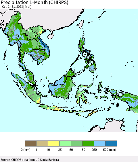 South East Asia Precipitation 1-Month (CHIRPS) Thematic Map For 10/1/2023 - 10/31/2023