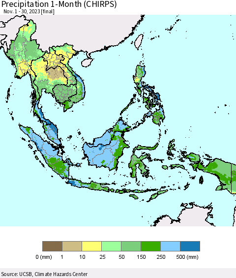 South East Asia Precipitation 1-Month (CHIRPS) Thematic Map For 11/1/2023 - 11/30/2023