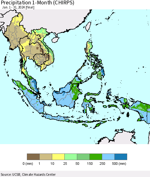 South East Asia Precipitation 1-Month (CHIRPS) Thematic Map For 1/1/2024 - 1/31/2024