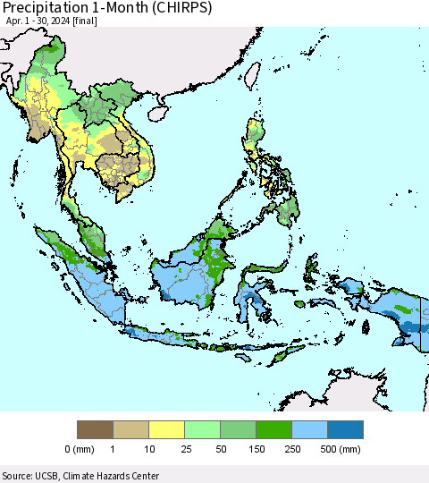 South East Asia Precipitation 1-Month (CHIRPS) Thematic Map For 4/1/2024 - 4/30/2024