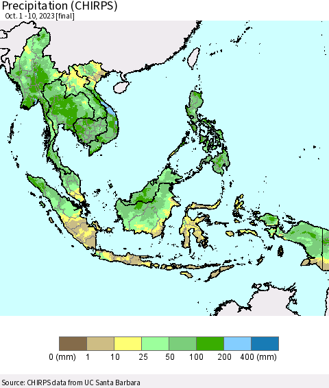 South East Asia Precipitation (CHIRPS) Thematic Map For 10/1/2023 - 10/10/2023