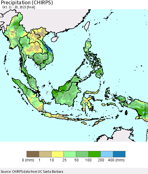 South East Asia Precipitation (CHIRPS) Thematic Map For 10/11/2023 - 10/20/2023