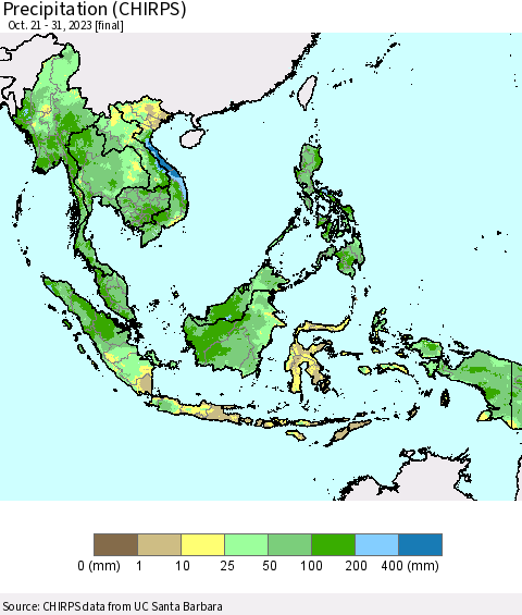 South East Asia Precipitation (CHIRPS) Thematic Map For 10/21/2023 - 10/31/2023