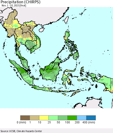 South East Asia Precipitation (CHIRPS) Thematic Map For 11/1/2023 - 11/10/2023