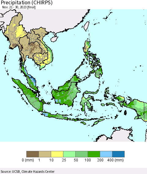 South East Asia Precipitation (CHIRPS) Thematic Map For 11/21/2023 - 11/30/2023