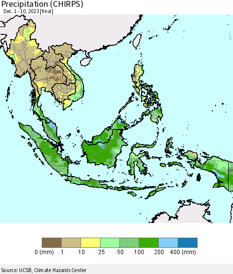 South East Asia Precipitation (CHIRPS) Thematic Map For 12/1/2023 - 12/10/2023