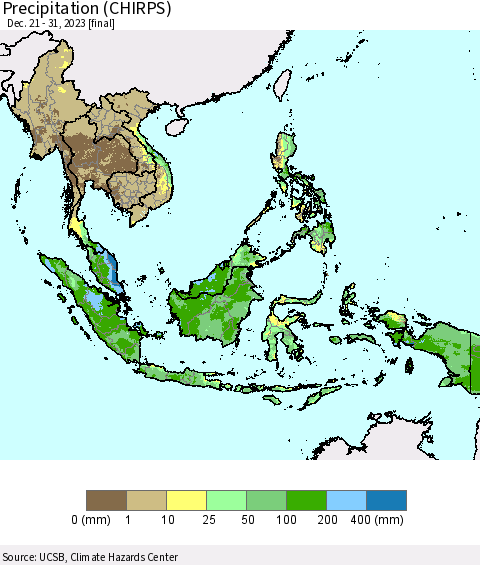 South East Asia Precipitation (CHIRPS) Thematic Map For 12/21/2023 - 12/31/2023