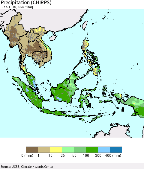 South East Asia Precipitation (CHIRPS) Thematic Map For 1/1/2024 - 1/10/2024