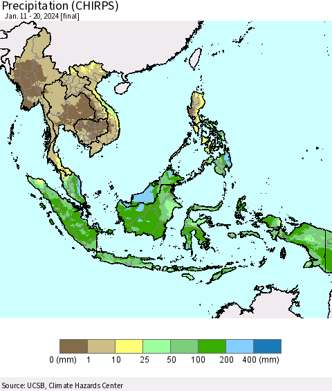 South East Asia Precipitation (CHIRPS) Thematic Map For 1/11/2024 - 1/20/2024