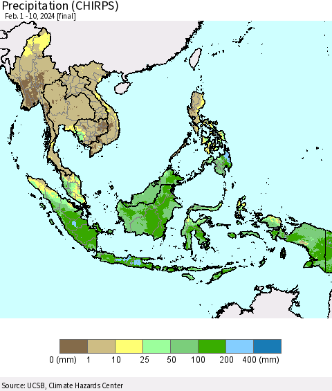 South East Asia Precipitation (CHIRPS) Thematic Map For 2/1/2024 - 2/10/2024