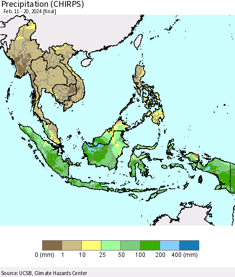 South East Asia Precipitation (CHIRPS) Thematic Map For 2/11/2024 - 2/20/2024