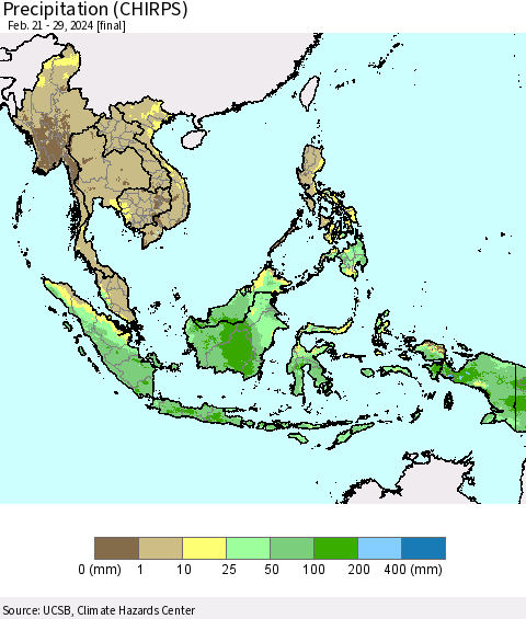 South East Asia Precipitation (CHIRPS) Thematic Map For 2/21/2024 - 2/29/2024