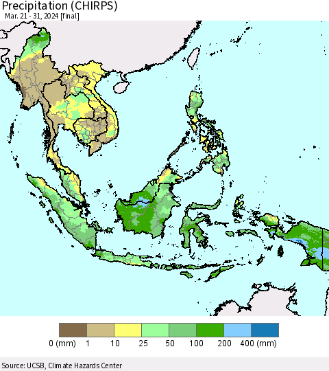 South East Asia Precipitation (CHIRPS) Thematic Map For 3/21/2024 - 3/31/2024
