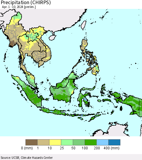 South East Asia Precipitation (CHIRPS) Thematic Map For 4/1/2024 - 4/10/2024
