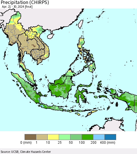South East Asia Precipitation (CHIRPS) Thematic Map For 4/21/2024 - 4/30/2024