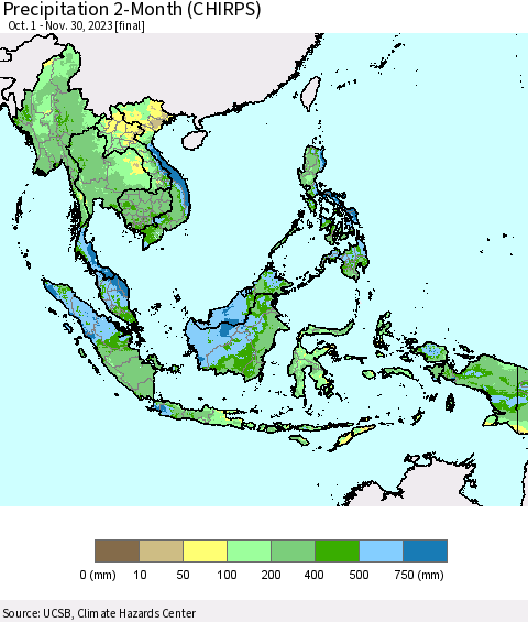 South East Asia Precipitation 2-Month (CHIRPS) Thematic Map For 10/1/2023 - 11/30/2023